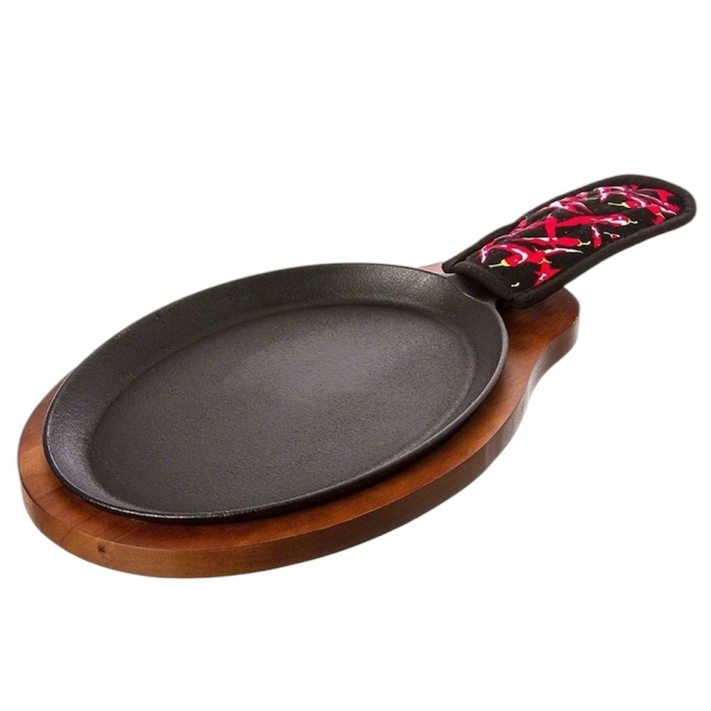NWOT Cast Iron Fajita Plate Sizzler Pan with Wooden Tray & Hot Mitt
